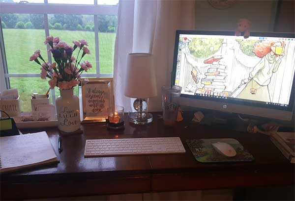 Desk with pink flowers